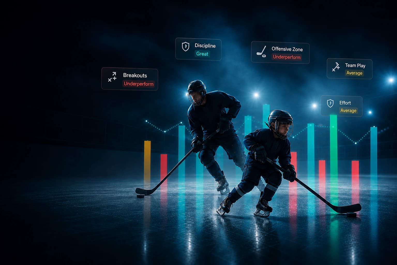 Hockey player skating on ice with performance analytics overlays