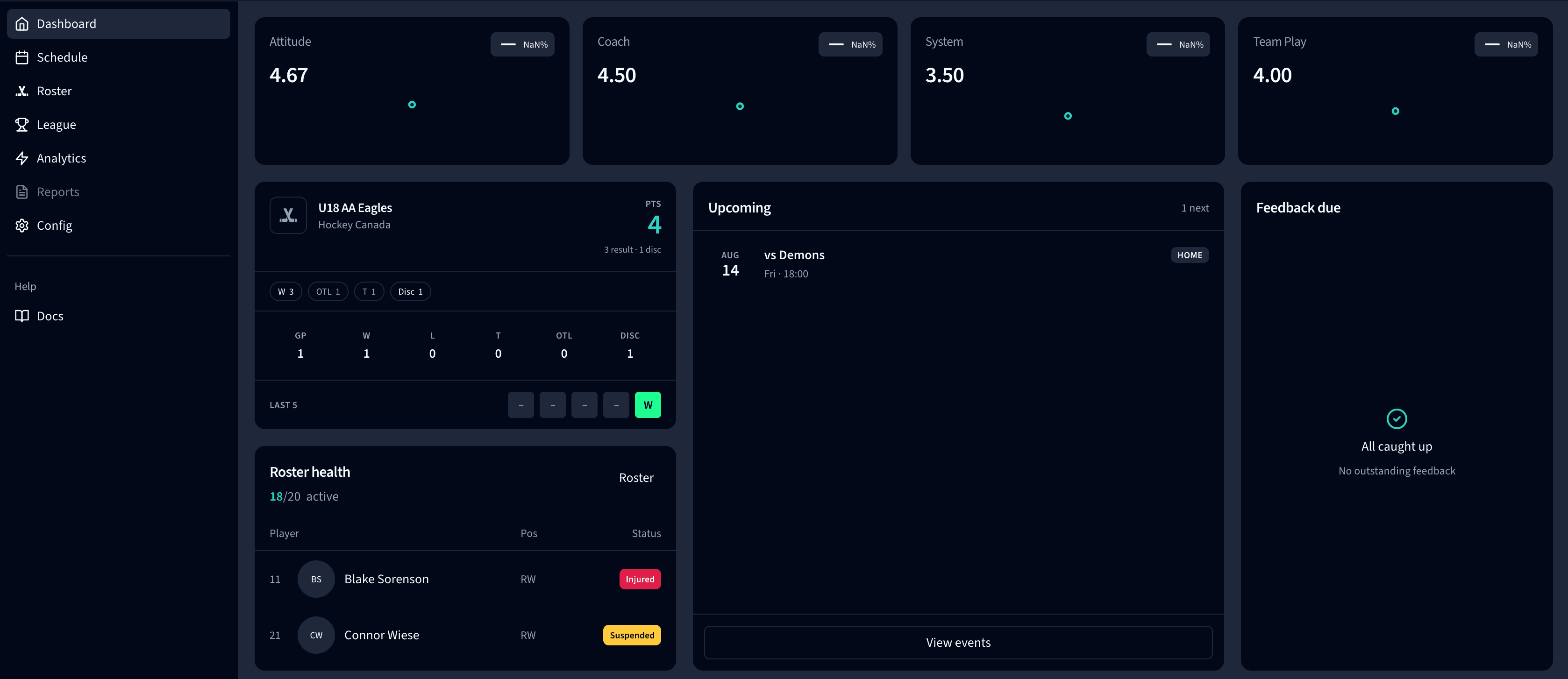 NextRink team dashboard with schedule, record, and season overview