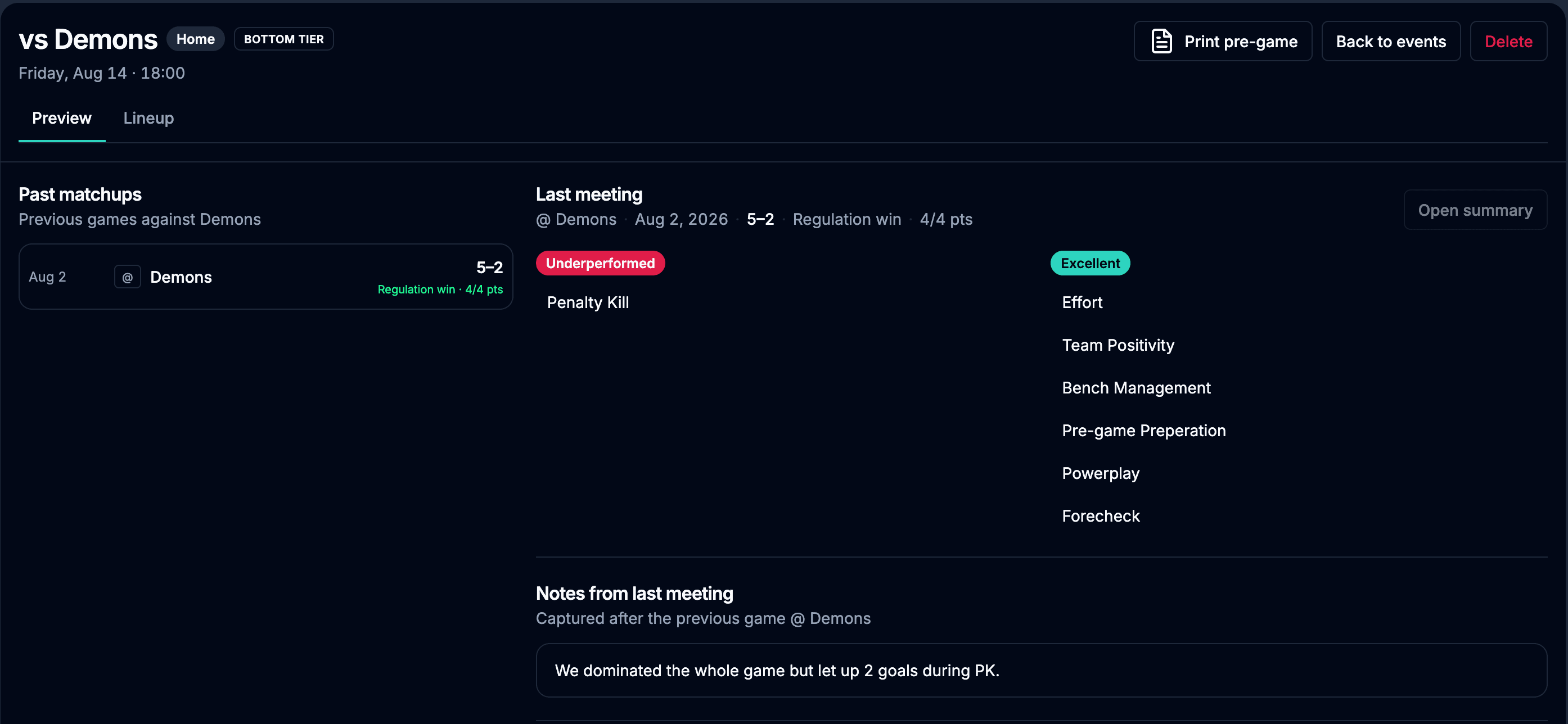 NextRink game preview with matchup details and pre-game context