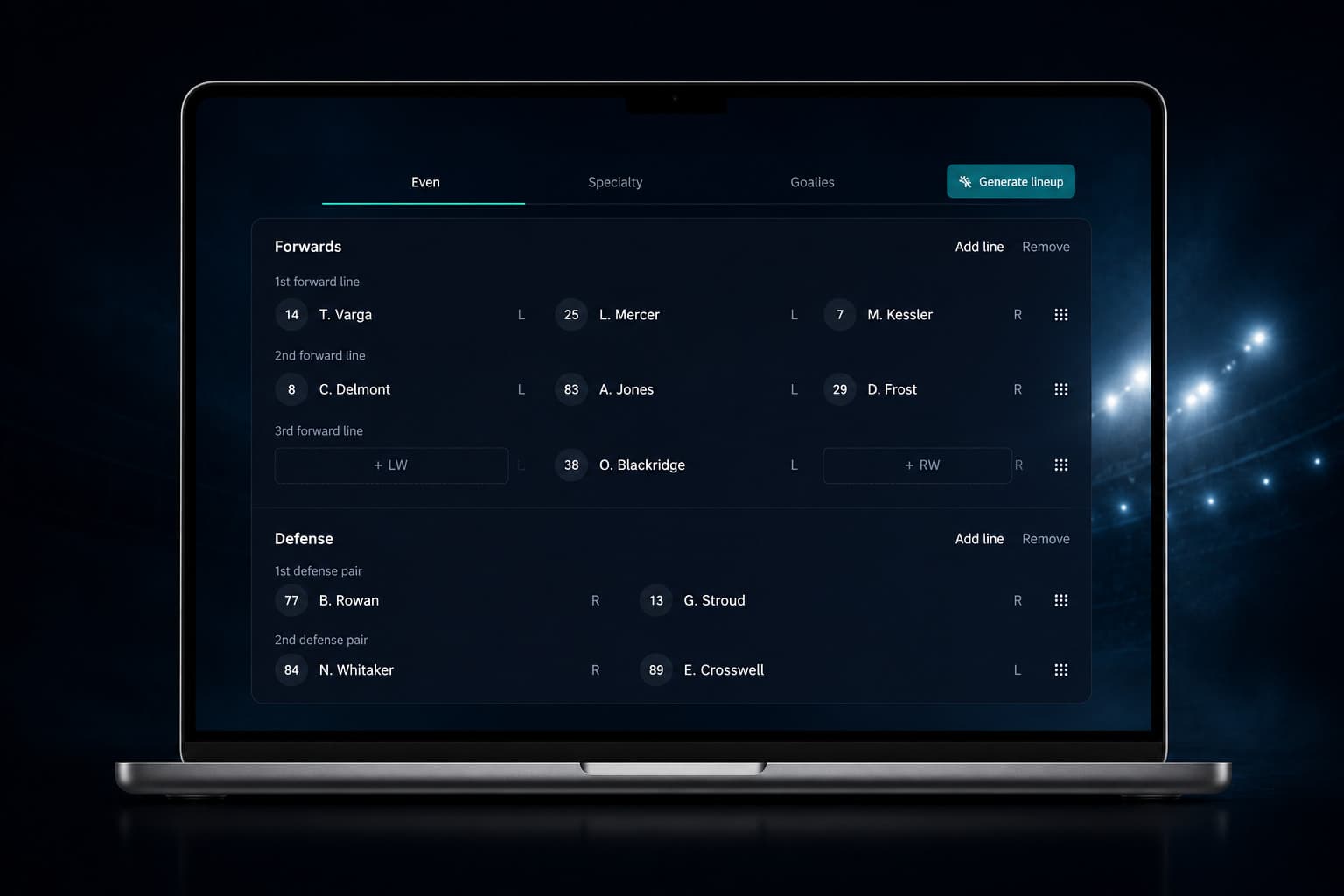 NextRink lineup on a laptop, with forward lines and defense pairs