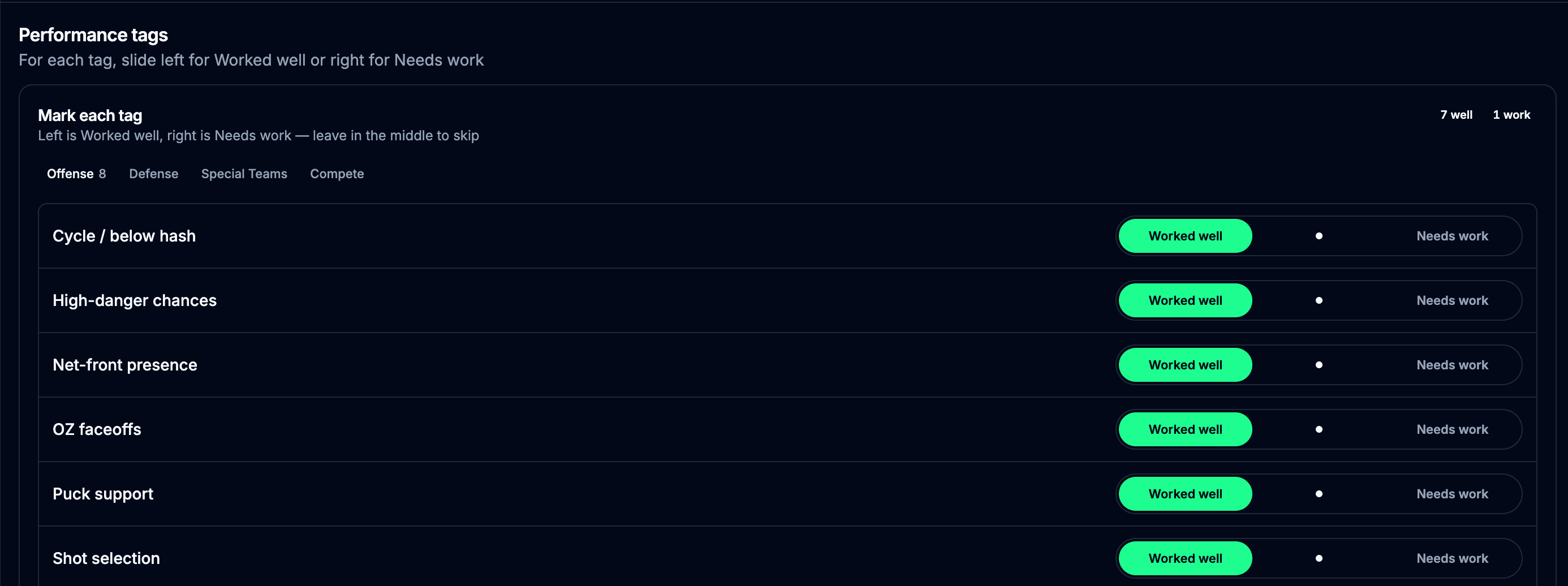 NextRink performance tags and post-game feedback